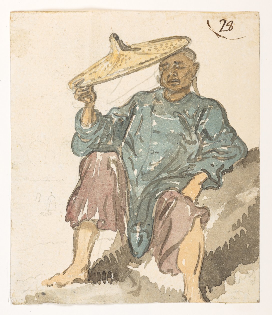 28 睡梦中的人物，可能来自都龙湾。选自马戛尔尼勋爵于 1792 年至 1794 年间出使中国期间绘制的 372 幅风景、海岸线、服饰和日常生活画册（纸面铅笔和水彩画） 作者 威廉·亚历山大