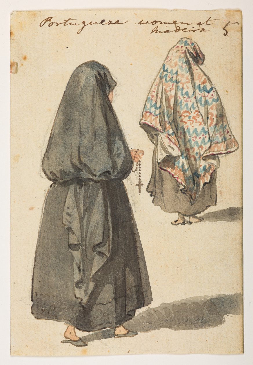 5 "Portugueze women at Madiera."，选自马戛尔尼勋爵于 1792 年至 1794 年间出使中国期间绘制的 372 幅风景、海岸线、服饰和日常生活画册（纸面铅笔和水彩画） 作者 威廉·亚历山大