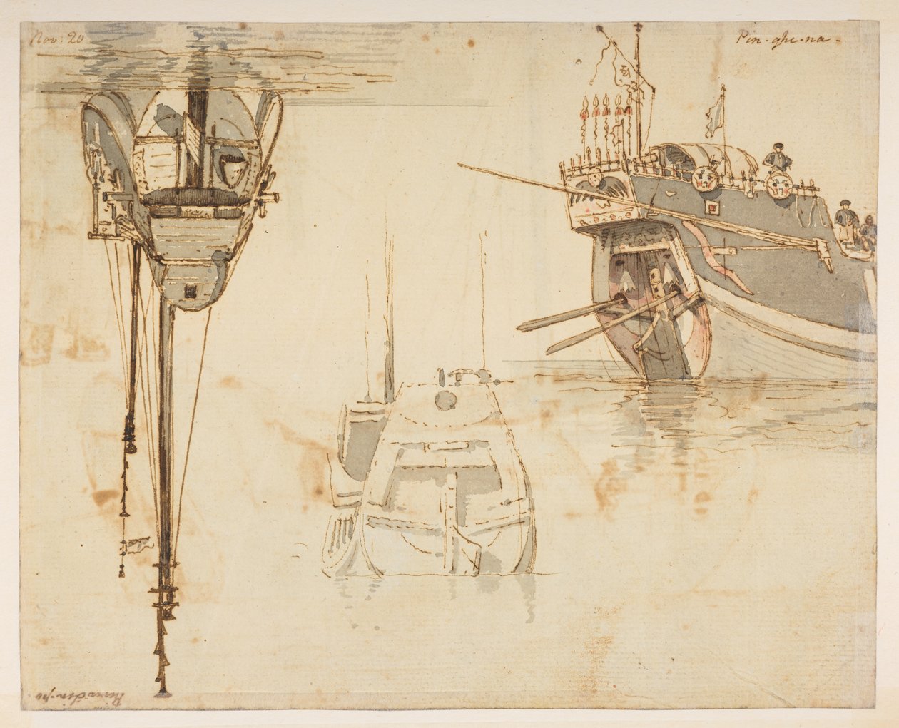 f.58 145v Boat.林浦河。11 月 20 日"，选自马戛尔尼勋爵于 1792 年至 1794 年间出使中国期间绘制的 372 幅风景、海岸线、服饰和日常生活画册（纸面铅笔和水彩画） 作者 威廉·亚历山大