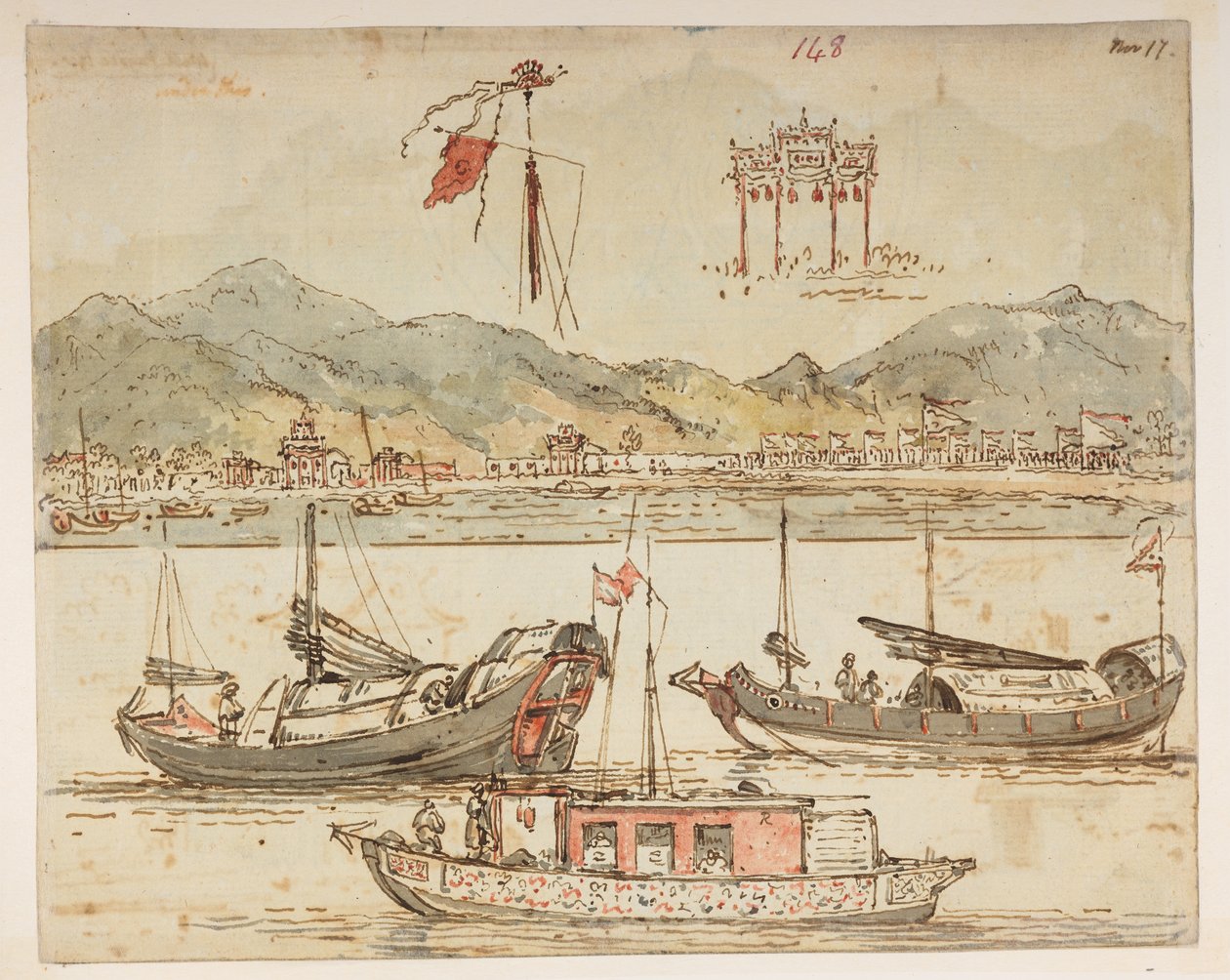 f.59 148 船和凯旋门，选自马戛尔尼勋爵于 1792 年至 1794 年间出使中国期间绘制的 372 幅风景、海岸线、服饰和日常生活画册（纸面铅笔和水彩画）。 作者 威廉·亚历山大