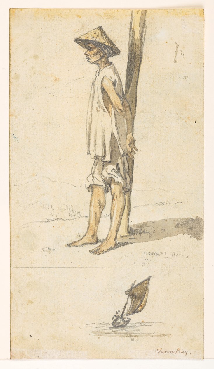 f.5 32v 靠在树旁的年轻人；一艘船。图伦湾。"选自 1792 年至 1794 年间马戛尔尼勋爵出使中国期间绘制的 372 幅风景、海岸线、服饰和日常生活画册（纸面铅笔和水彩 作者 威廉·亚历山大