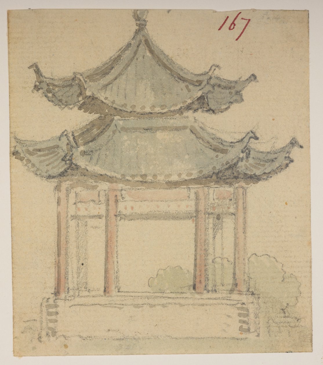 f.63 167 Temple.，选自马戛尔尼勋爵于 1792 年至 1794 年间出使中国期间绘制的 372 幅风景、海岸线、服饰和日常生活画册（纸面铅笔和水彩画） 作者 威廉·亚历山大