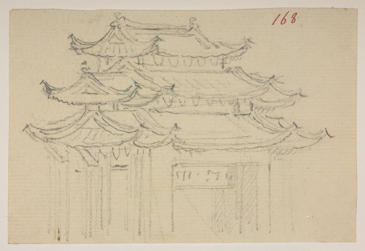 f.63 168 Temples.，选自马戛尔尼勋爵于 1792 年至 1794 年间出使中国期间绘制的 372 幅风景、海岸线、服饰和日常生活画册（纸面铅笔和水彩） 作者 威廉·亚历山大