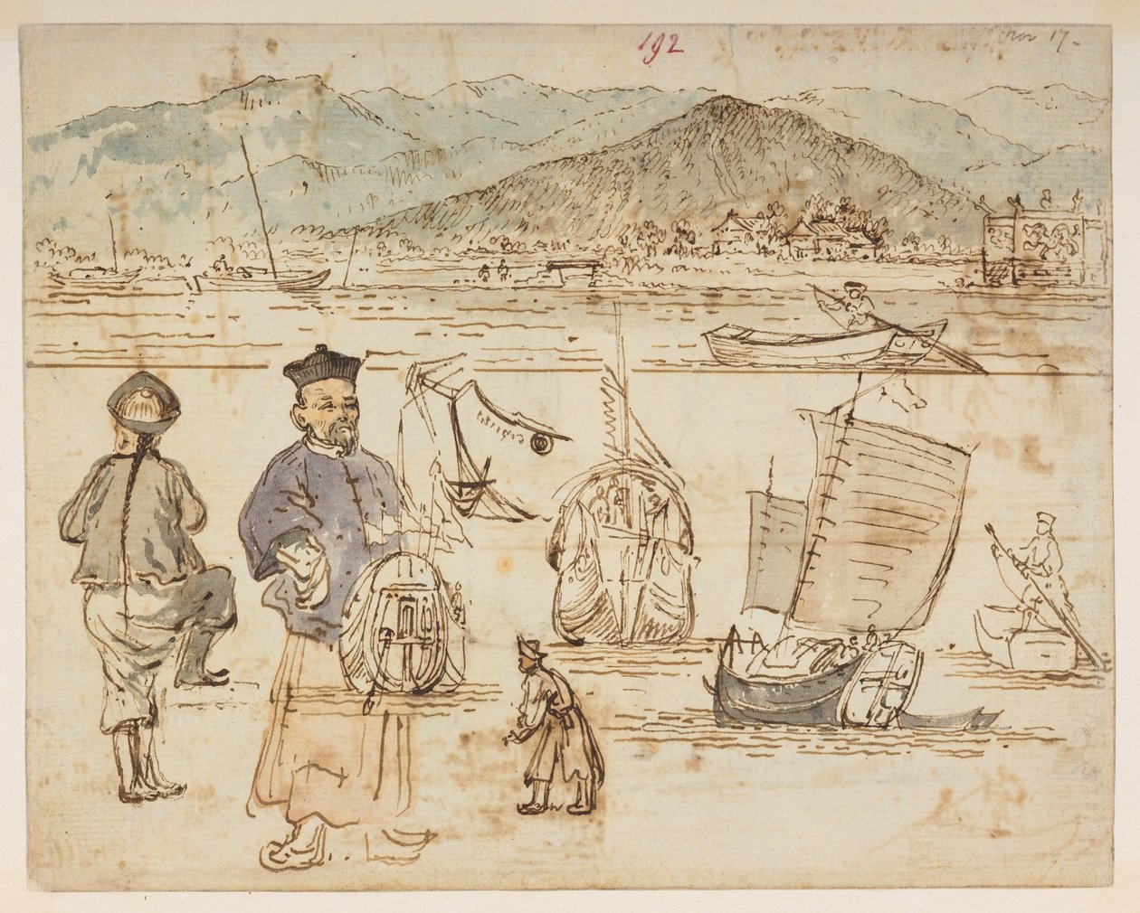 f.67 192 幅人物研究图，其中 192 幅包括船只，选自 1792 年至 1794 年间马戛尔尼勋爵出使中国期间绘制的 372 幅风景、海岸线、服饰和日常生活图册（纸面铅笔和水彩画） 作者 威廉·亚历山大