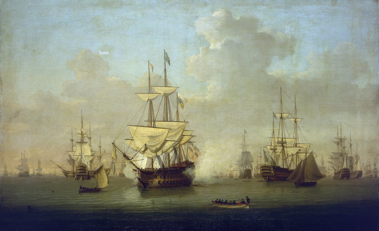 夏洛特女王号"（Queen Charlotte），一艘新型 104 艘炮战舰，1790 年，法国大革命战争（1793-1802 年）前夕，位于斯皮特黑德（英格兰）。 作者 威廉·安德森