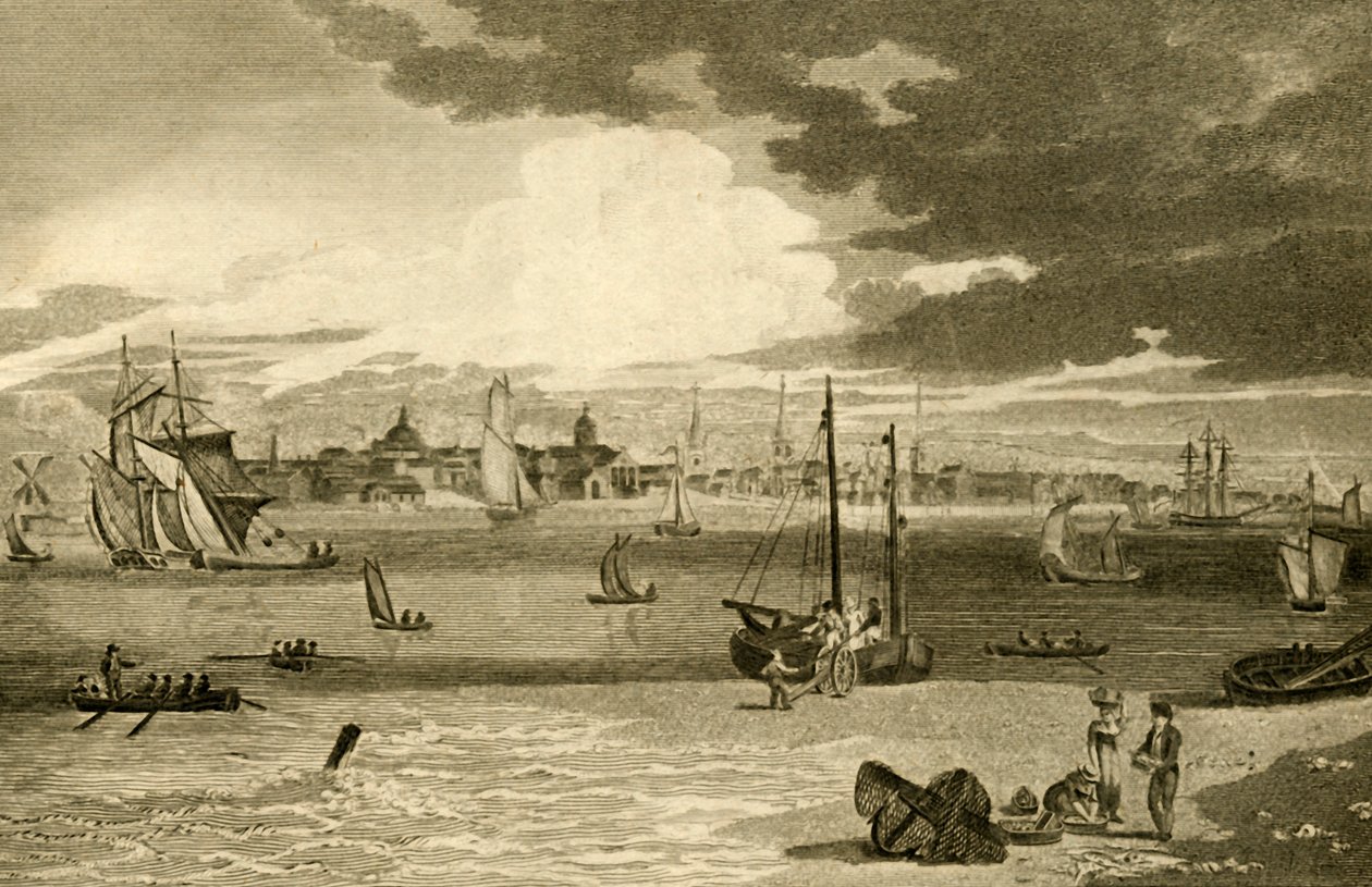 从渡口看利物浦，兰开夏的景色》，1808年。   作者 威廉·安格斯