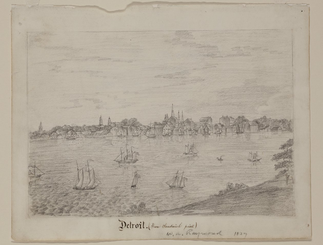 底特律，c.1837（白色编织纸上的石墨铅笔） 作者 威廉·阿萨·雷蒙德