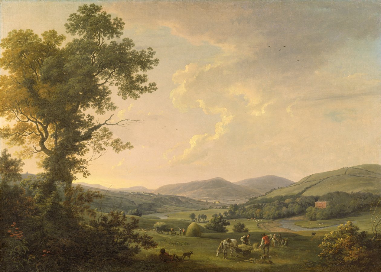 1780年，与干草制造者共处景观并欣赏乔治亚式房屋的远景（布面油画） 作者 威廉·阿什福德