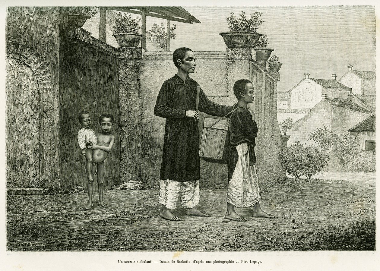 一个行走的巫师，一个盲人按摩师。巴尔博丹的版画，为1884年《Trente mois au Tonkin》的故事作插图，作者是保罗-霍夸尔医生，载于1890年的《世界之旅》，由爱德华-沙尔东（1807-1890）指导，巴黎哈谢特出版社。 作者 威廉·巴伯汀