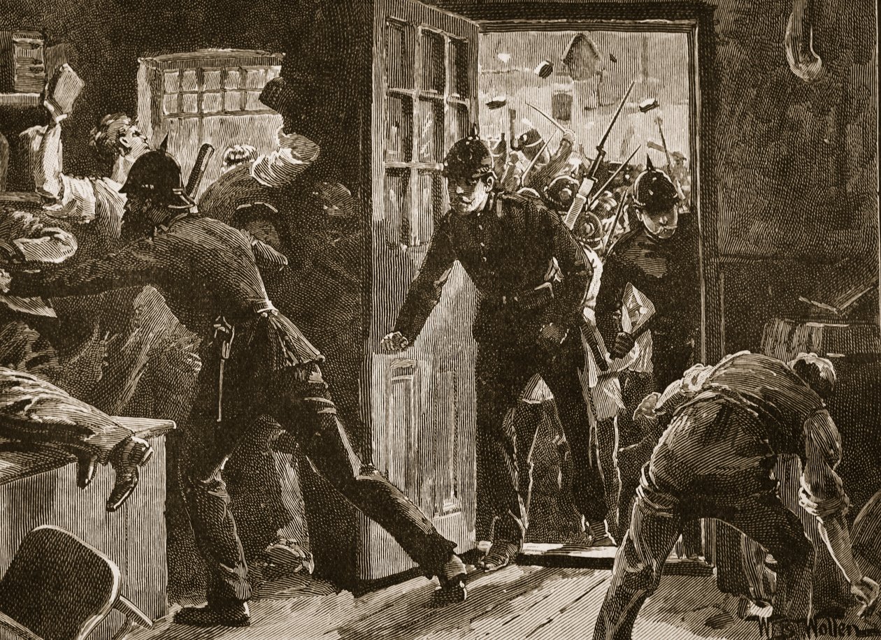 1886年全国联盟和警察之间的恩尼斯战斗，插图来自“卡塞尔的英国插图史”（棕褐色照片） 作者 威廉·巴恩斯（William Barnes）羊毛