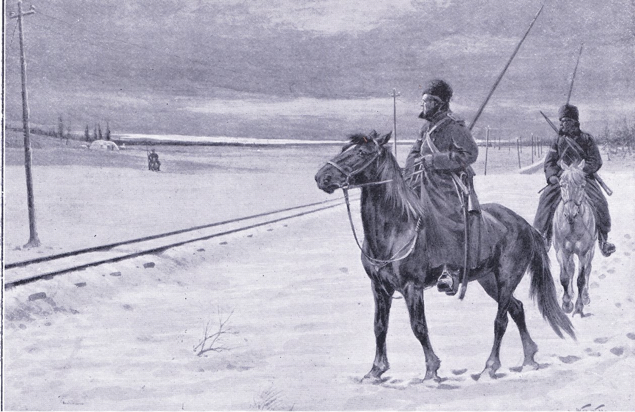 守卫在Mukden附近的铁路，插图来自日本战争的第1卷，c.1900Cassells的历史 作者 威廉·巴恩斯（William Barnes）羊毛