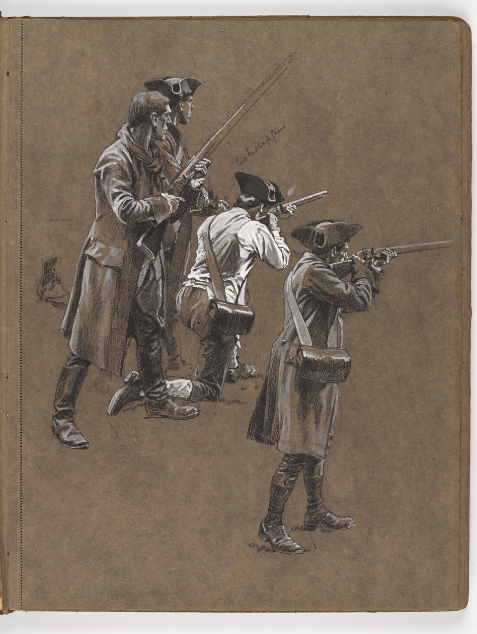 研究威廉·巴恩斯·沃尔伦（William Barns Wollen）的油画，《列克星敦战役1775年》。 作者 威廉·巴恩斯（William Barnes）羊毛