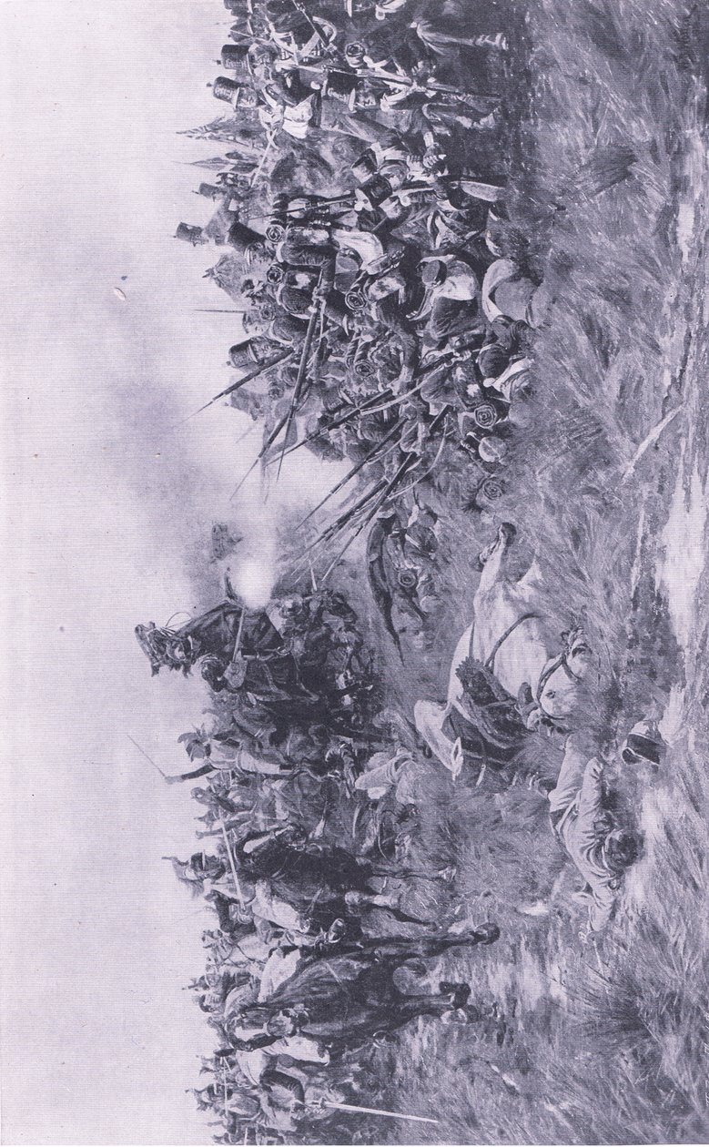 1815年6月18日在滑铁卢接收法国骑兵的第28个格洛斯特团，1915年英国陆地和海上战役的插图 作者 威廉·巴恩斯（William Barnes）羊毛