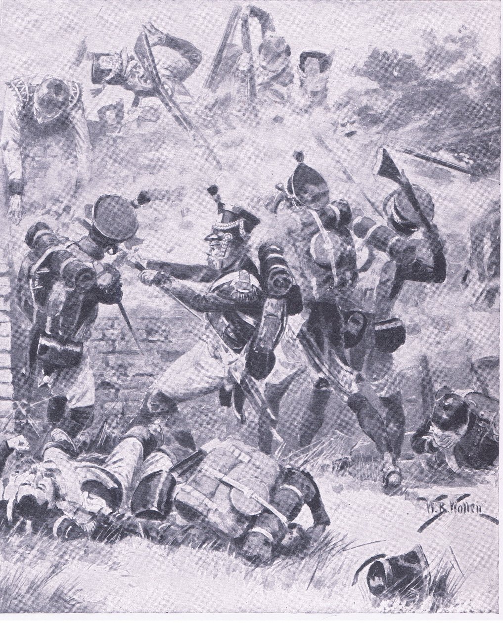 在Hougomont的墙上的攻击：滑铁卢1815年，英国战役在陆地和海上的插图，1915年 作者 威廉·巴恩斯（William Barnes）羊毛