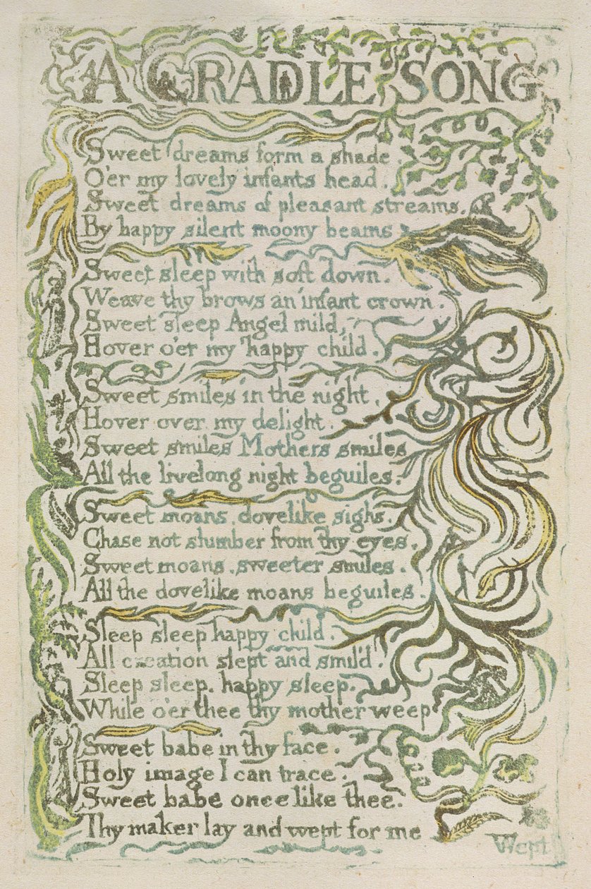 《天真之歌》（Songs of Innocence）的第25幅版画《摇篮之歌》（A Cradle Song），1789年（手绘彩色浮雕蚀刻水彩画） 作者 威廉·布雷克