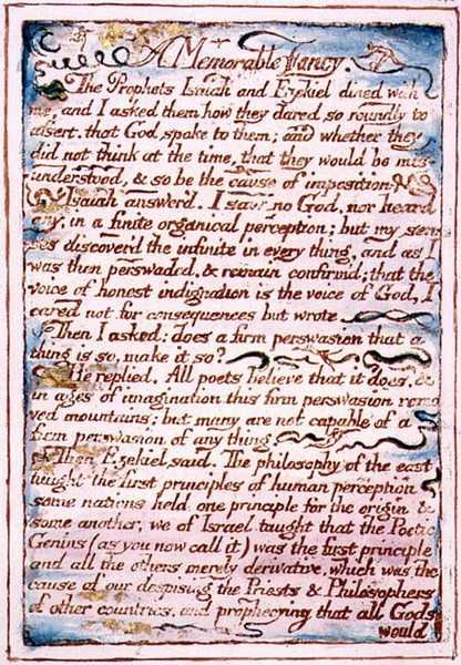 令人难忘的幻想》，《天堂与地狱的婚礼》中的文字，约1790-3（用钢笔和水彩完成的浮雕版画）。 作者 威廉·布雷克