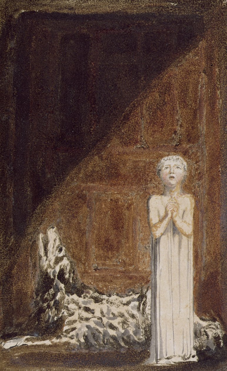 “一个穿着长裙的男孩，双手紧握着一只手站着”，1794年“Urizen的第一本书”中的25号板（用墨水和纸张上的彩色印刷浮雕蚀刻） 作者 威廉·布雷克