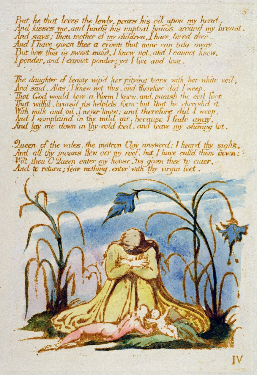 “但他喜欢低调的......”，1789年的“The Book of Thel”中的第7页（用笔和纸上的手工彩色浮雕蚀刻） 作者 威廉·布雷克