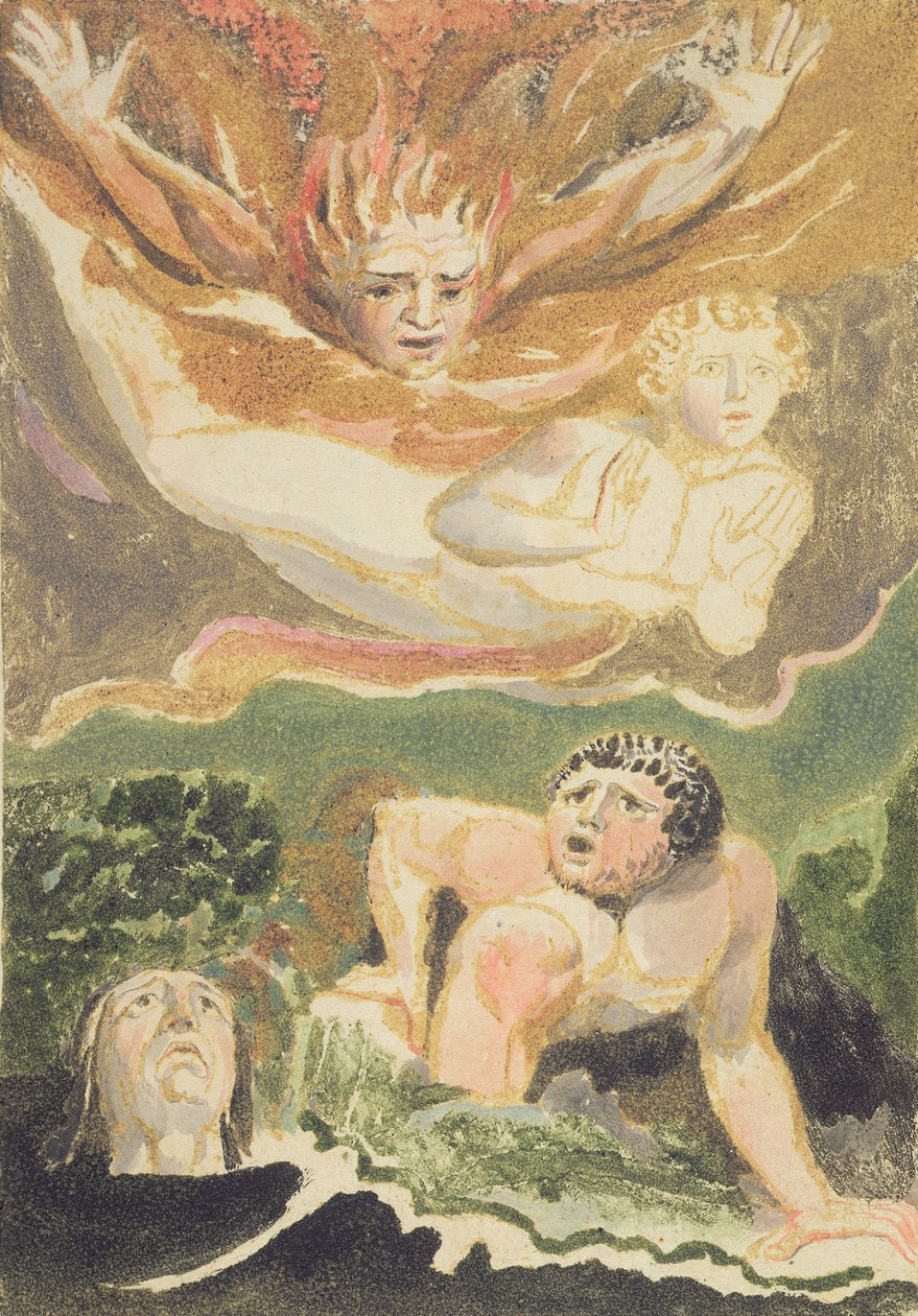 从他们的元素中脱颖而出的四个赤裸裸的男人，从“The Urizen的第一本书”，1794年的第4版（用墨水和wc进行彩色印刷浮雕蚀刻） 作者 威廉·布雷克
