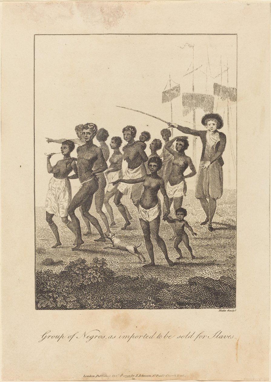 一群黑人，进口后将被卖为奴隶，1793年。 作者 威廉·布雷克