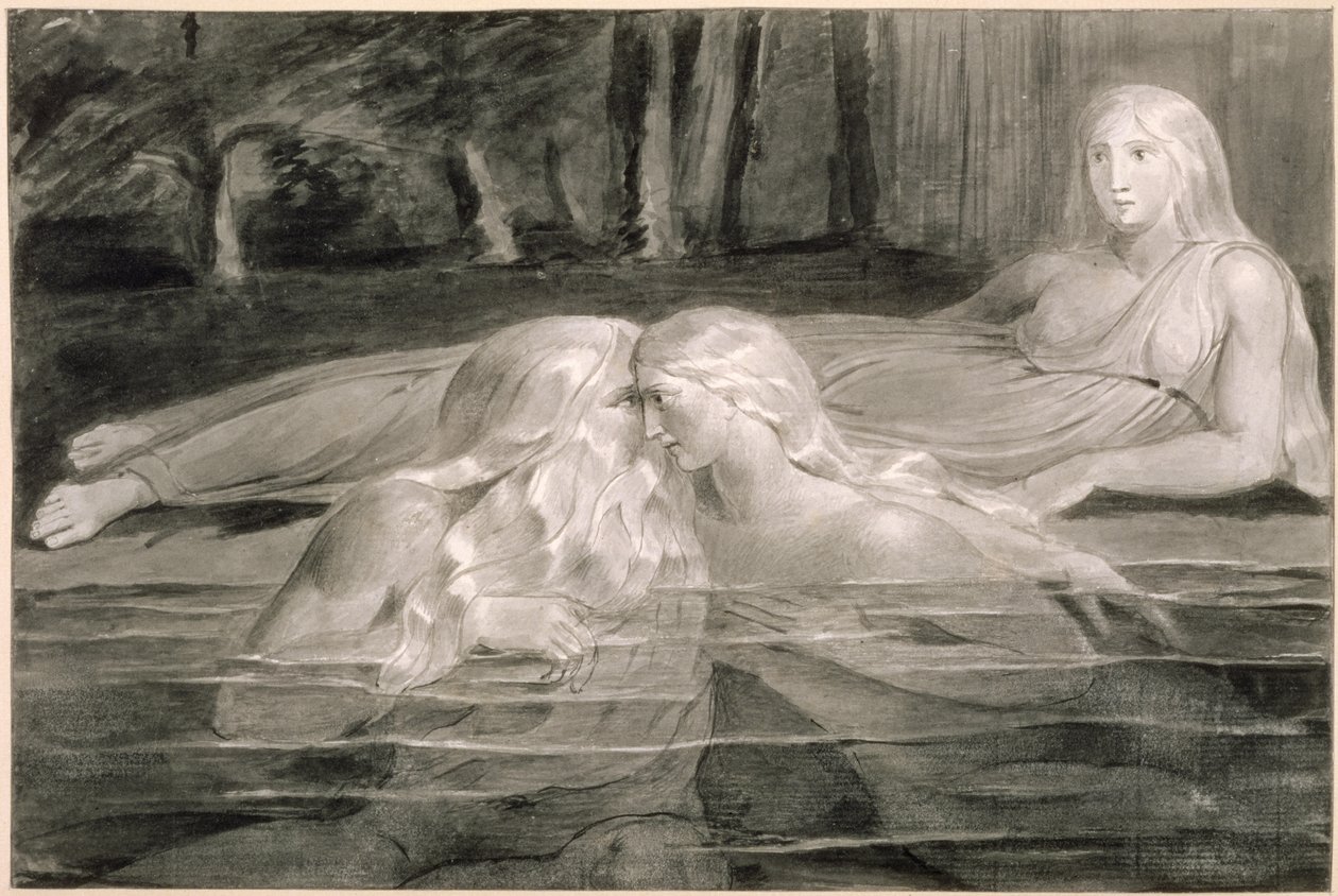 Har和Heva Bathing，Mnetha Look on，1785-89（刷，墨水和纸上洗） 作者 威廉·布雷克