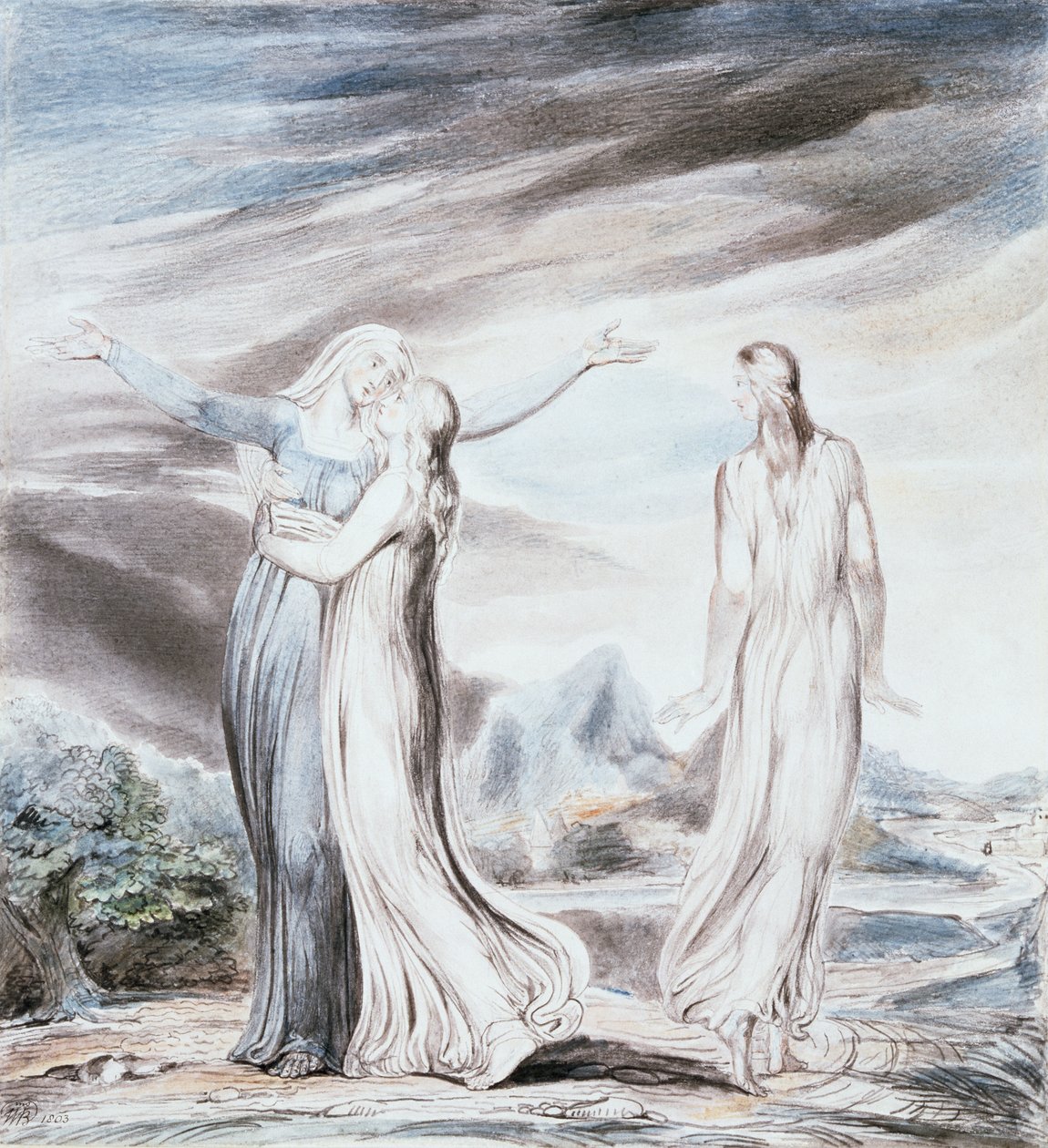内奥米（Naomi）求助露丝（Ruth）和奥尔帕（Orpah）返回摩押（Moab）的土地 作者 威廉·布雷克