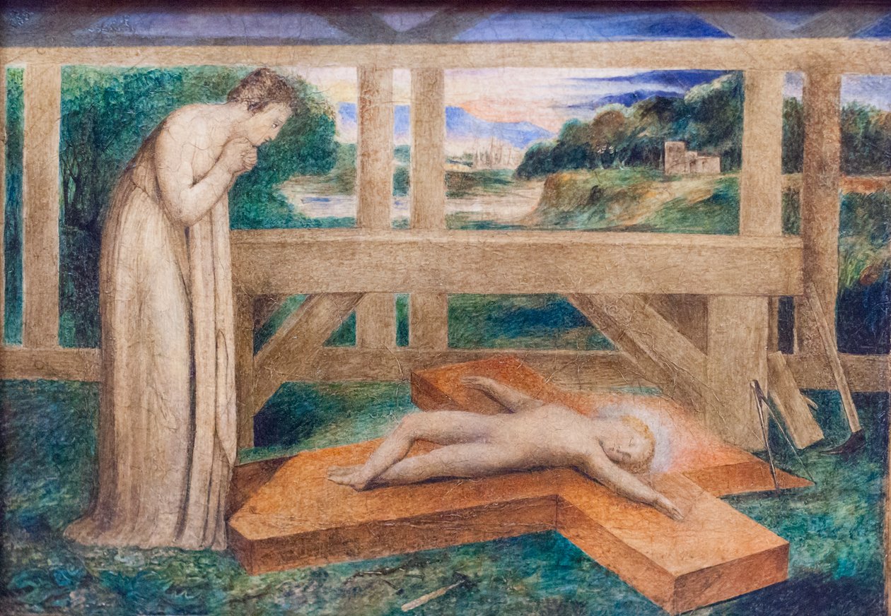圣母崇拜睡在十字架上的婴儿耶稣，约 1799-1800 年（布面蛋彩画） 作者 威廉·布雷克