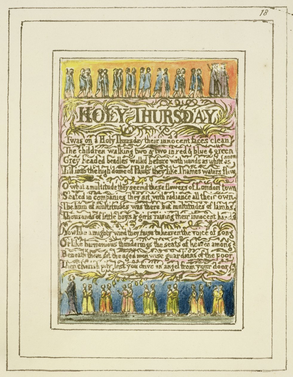 P.124-1950.pt18圣周四：从纯真之歌和经验中获得第18页（复制R）c.1802-08（蚀刻，墨水和wc） 作者 威廉·布雷克