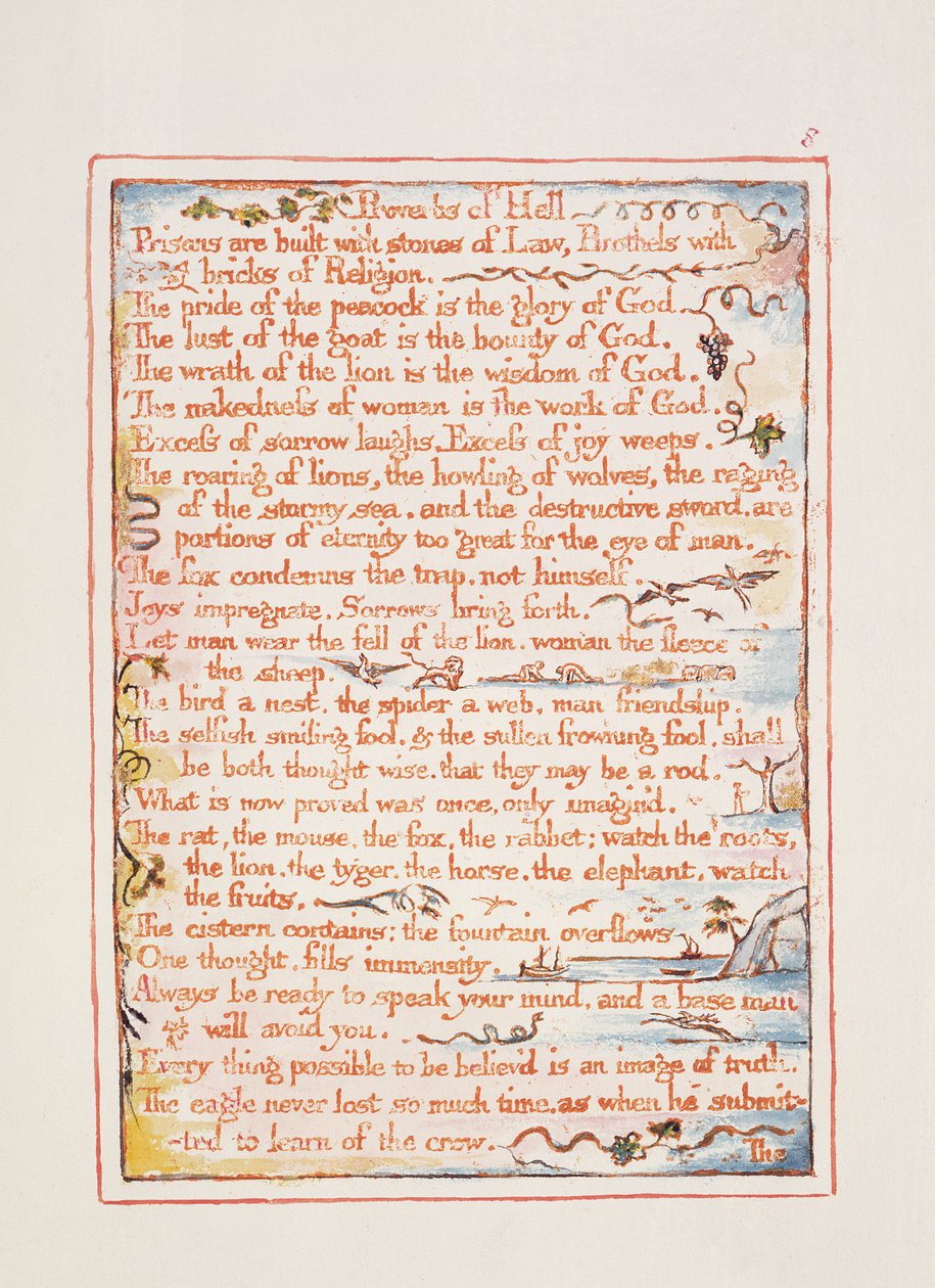 地狱谚语，来自&39;天堂与地狱的婚姻&39;的文字，c.1790-3（用笔和wc完成的浮雕蚀刻） 作者 威廉·布雷克