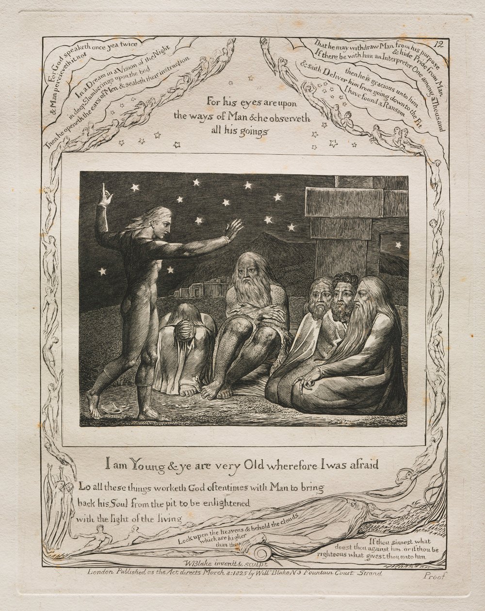 约伯记：Pl。 12，我年轻，你们都很老，所以我害怕，1825年。 作者 威廉·布雷克