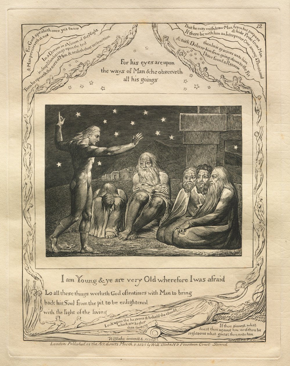 约伯记：Pl。 12，我年轻，你们都很老，所以我害怕，1825年。 作者 威廉·布雷克