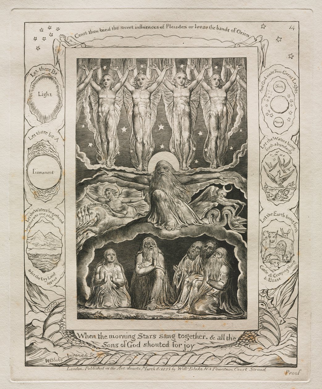 约伯记：Pl。 14，当晨星和所有儿子一起唱歌时，1825年。 作者 威廉·布雷克