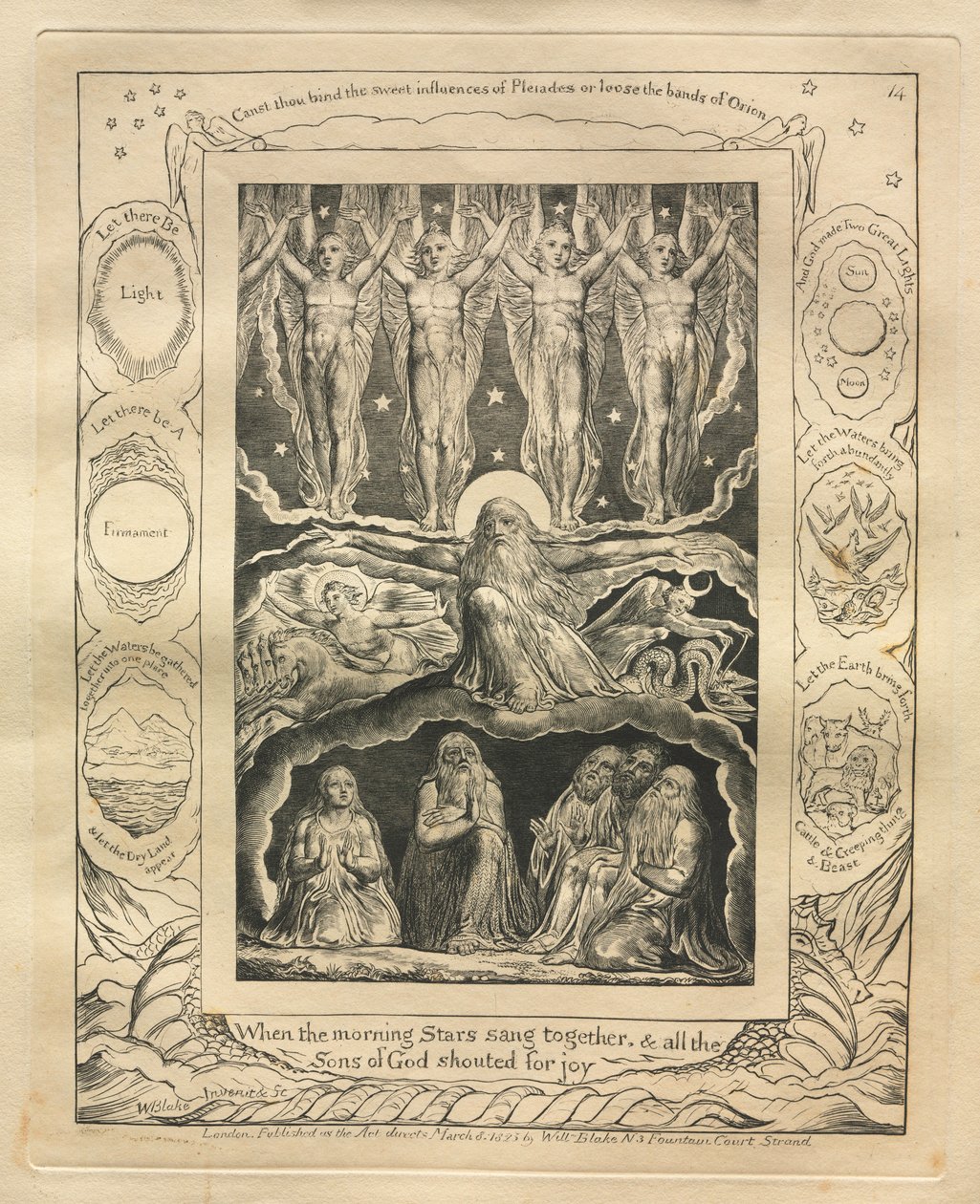 约伯记：Pl。 14，当晨星和所有上帝的儿子一起唱歌时，1825年。 作者 威廉·布雷克