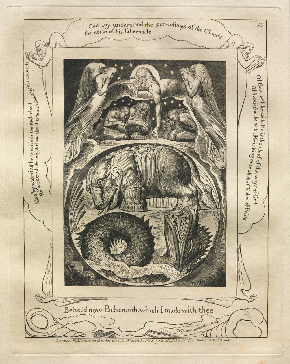 约伯记：Pl。 15，现在看看我与你合拍的《庞然大物》，1825年。 作者 威廉·布雷克