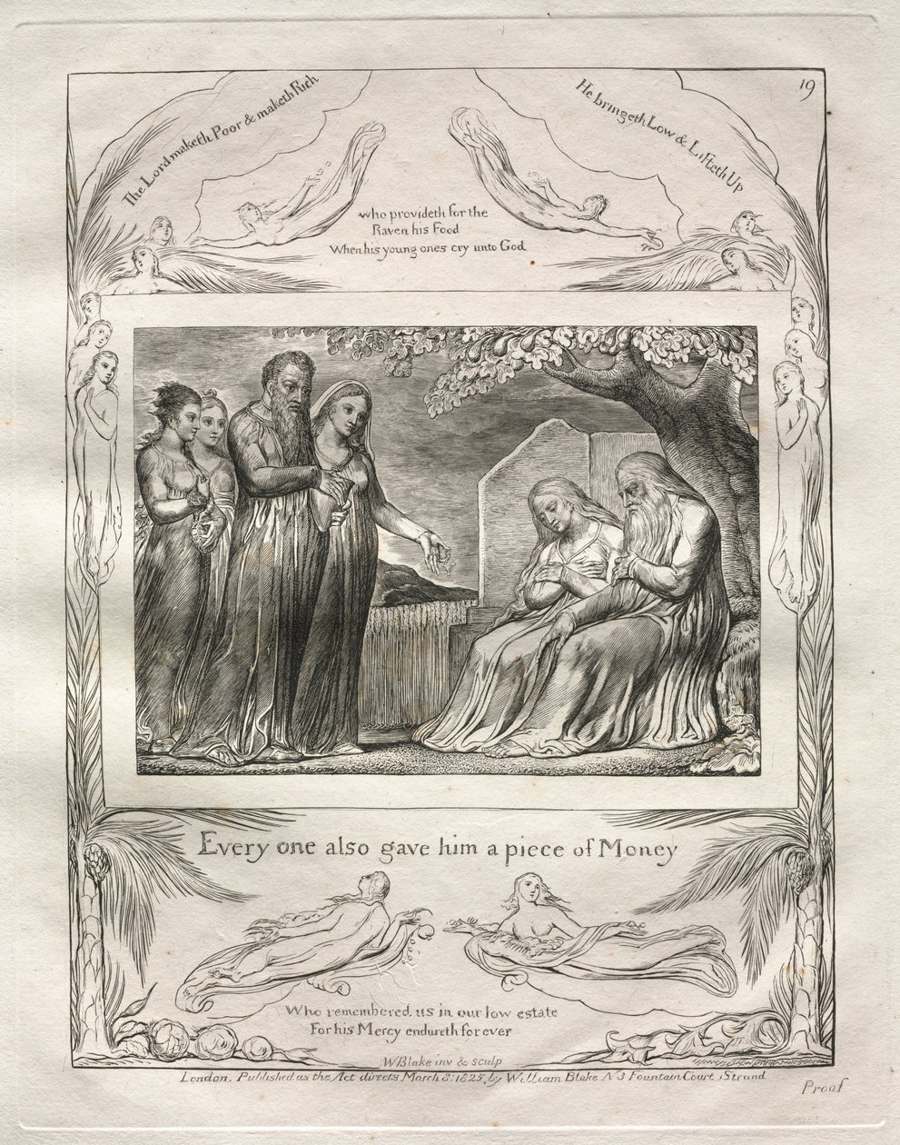 约伯记：Pl。 19，每个人还给了他一块钱，1825年。 作者 威廉·布雷克
