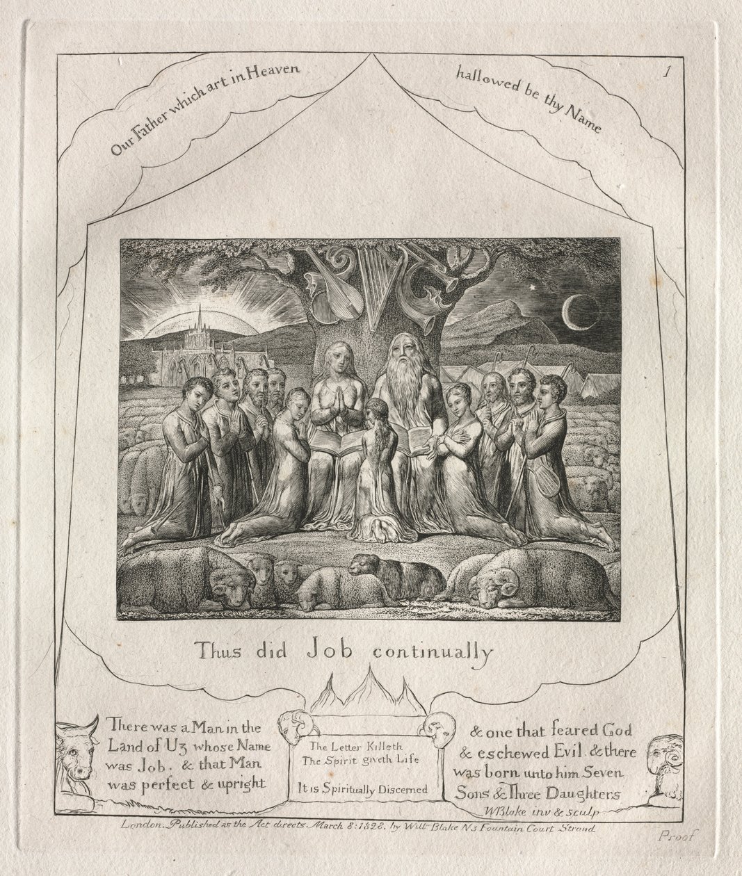 约伯记：Pl。 1，约伯不断这样做，1825年。 作者 威廉·布雷克