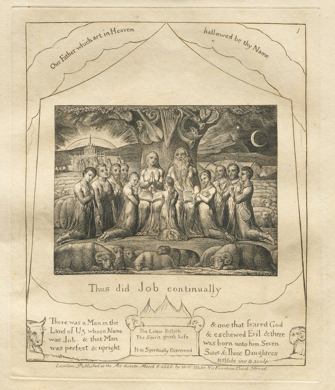 约伯记：Pl。 1，约伯不断这样做，1825年。 作者 威廉·布雷克