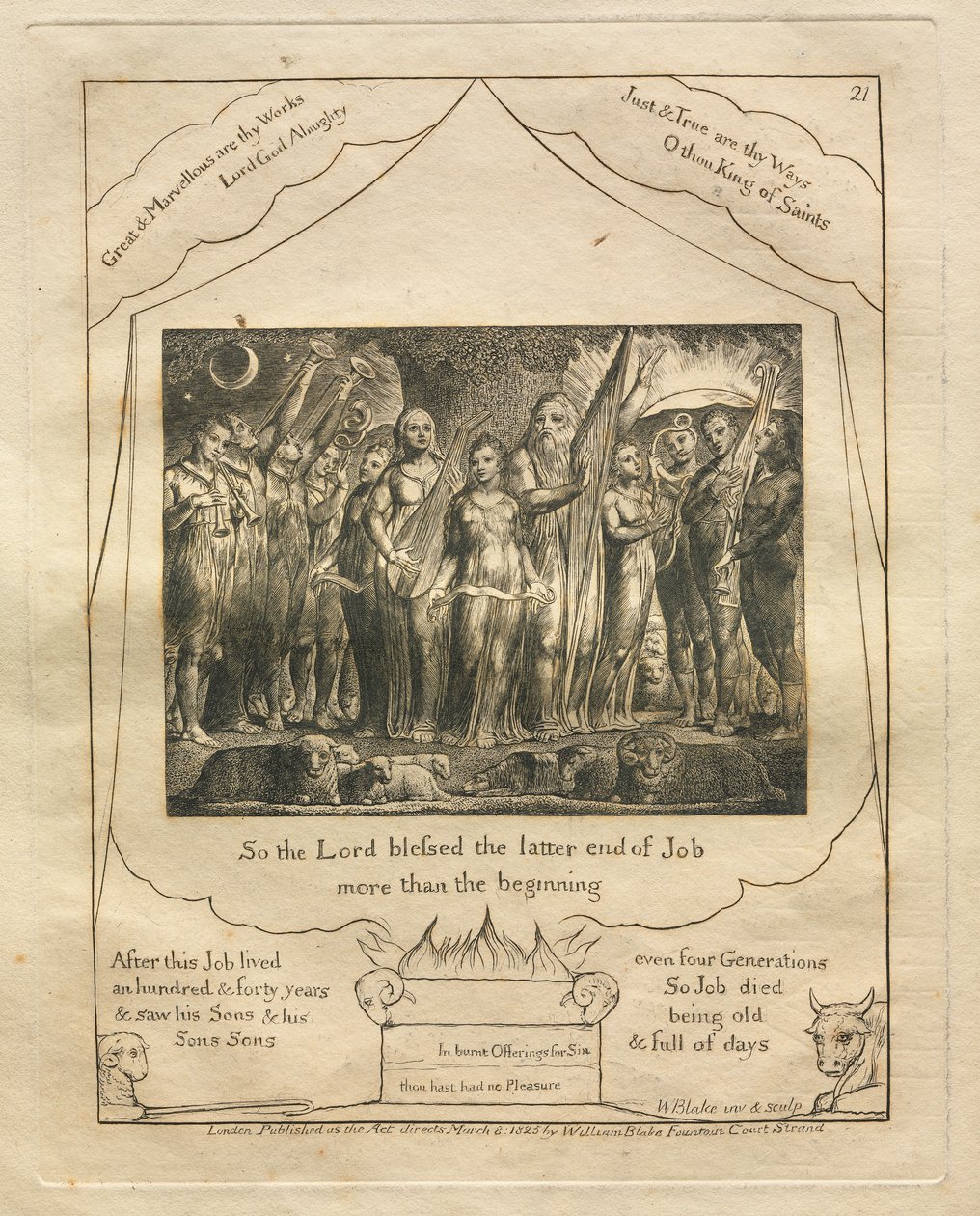 约伯记：Pl。 21，所以主祝福约伯的后半部比开始时要多，1825年。 作者 威廉·布雷克