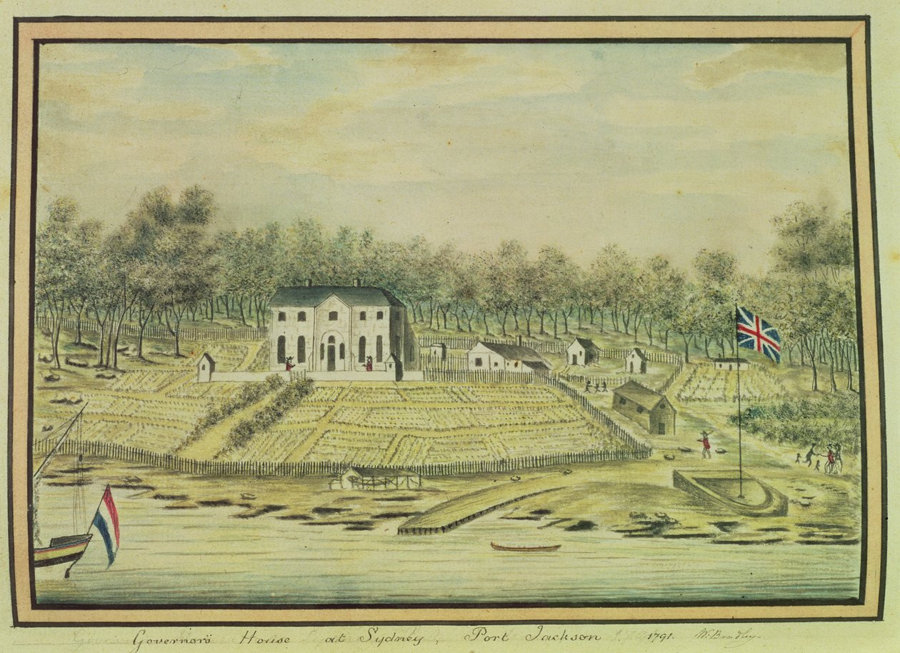 州长在悉尼的房子，杰克逊港，1791年 作者 威廉布拉德利