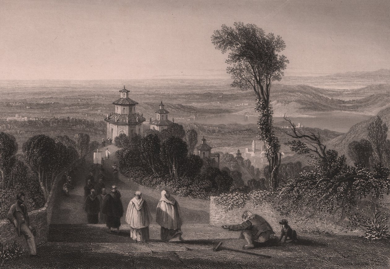 从意大利伦巴第瓦雷泽的圣山（Sacro Monte）俯瞰，T Willmore 根据 William Brockedon（1787-1854 年）的画作所作的钢板雕刻，约 23x18 厘米 作者 威廉·布罗克顿