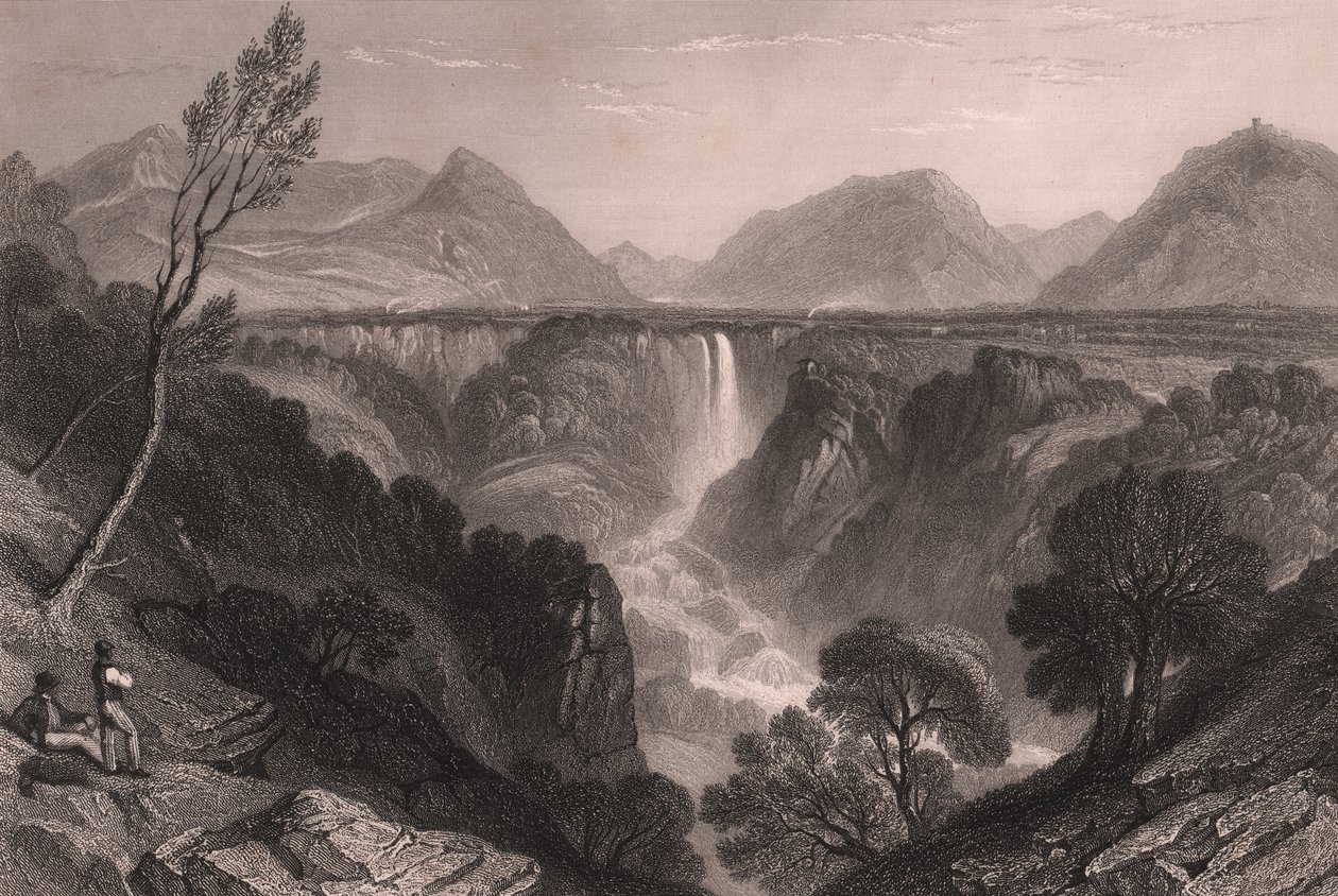 意大利翁布里亚特尔尼附近的马尔莫尔瀑布 (Cascata delle Marmore) 景观，由 James Tibbitts Willmore (1800-1863) 在 William Brockedon (1787-1854) 绘制后进行钢雕刻，约 23x18.5 厘米 作者 威廉·布罗克顿