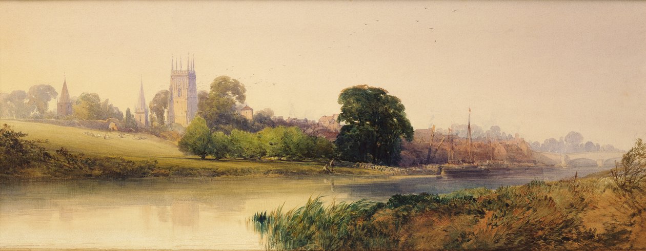 约 1870-80 年，埃弗舍埃文河畔的夏日傍晚（铅笔和水彩画） 作者 威廉·卡洛