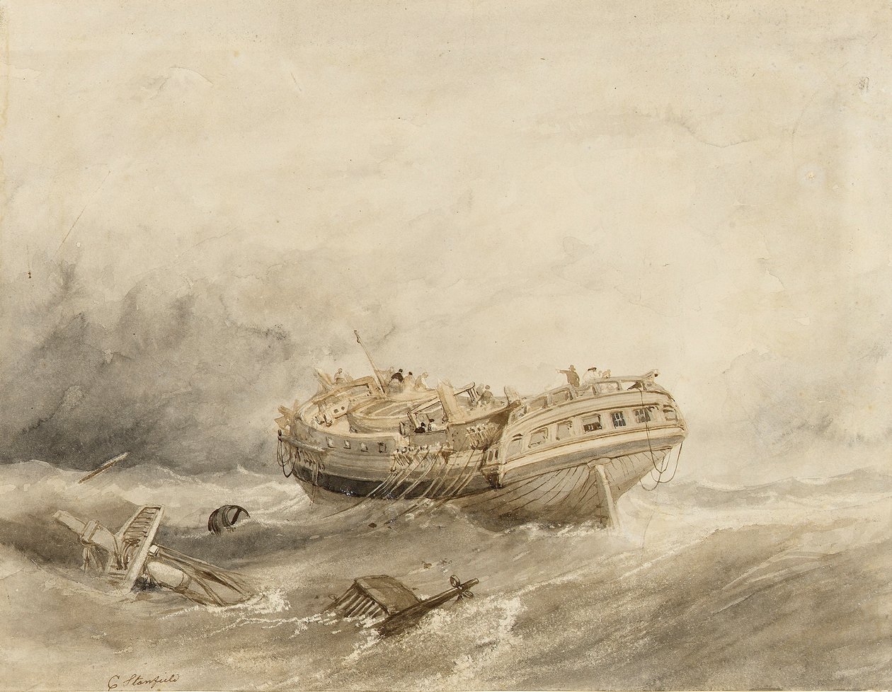 一艘商船在暴风雨后的平静中出轨。克拉克森-斯坦菲尔德（1793-1867 年）的水彩画（34.4x44.5 厘米） 作者 威廉·克拉克森·斯坦菲尔德