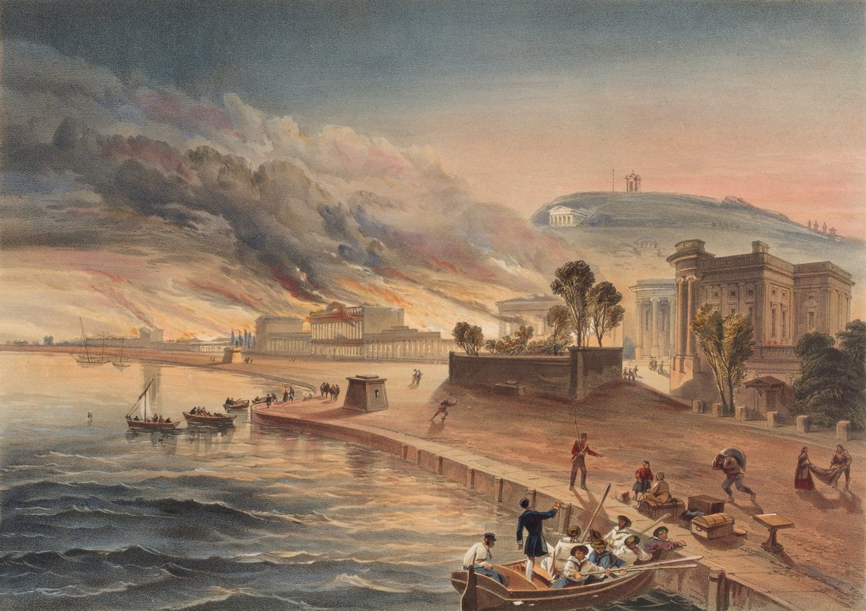 烧毁在Kertch的政府建筑物。 1855年6月9日？ 作者 威廉·克里米亚·辛普森