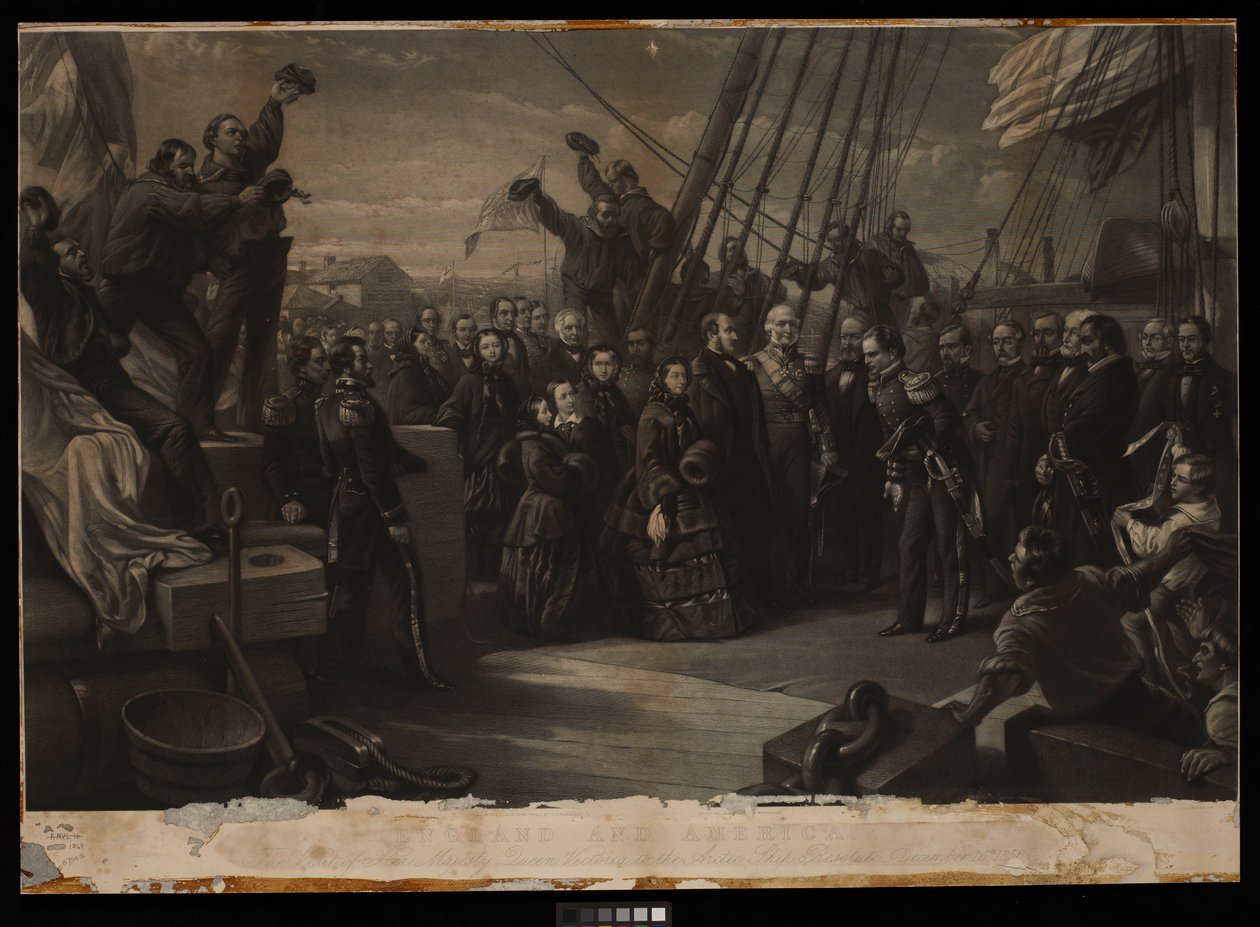 英国和美国。维多利亚女王陛下于 1856 年 12 月 16 日访问 "坚决 "号北极船，约 1859 年（版画、石刻、木板） 作者 威廉·“克里米亚”·辛普森