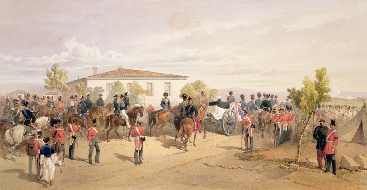 拉格伦勋爵（Lord Raglan）的葬礼离开首都宿舍，来自“东方战争的座位”，酒吧。作者：Paul und Dominic Colnaghi und Co.，1856 作者 威廉·克里米亚·辛普森