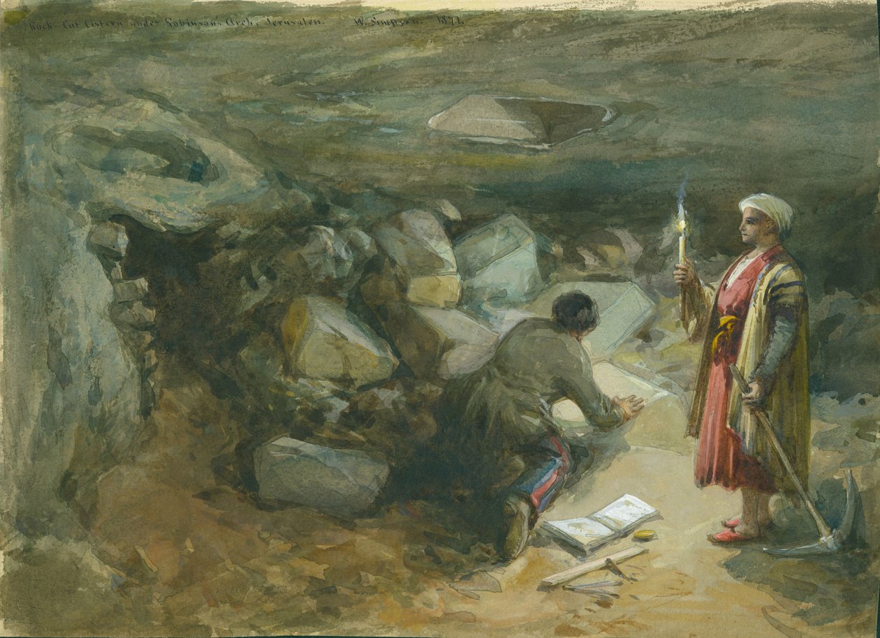 1871年，耶路撒冷罗宾逊拱门下的岩石切割蓄水池（wc und pencil on paper） 作者 威廉·克里米亚·辛普森