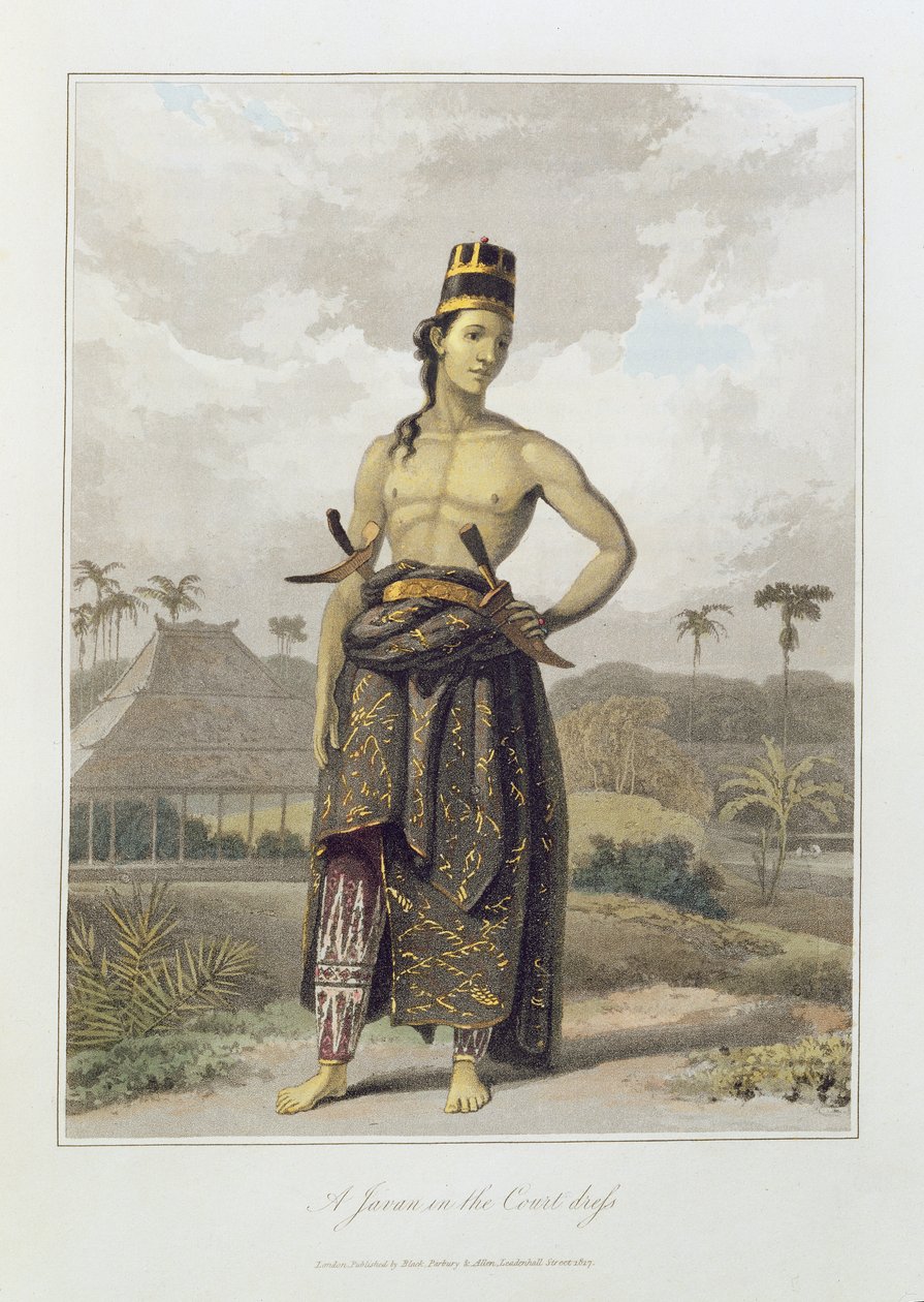 一件爪哇的宫廷连衣裙，pl。来自Thomas Stamford Bingley Raffles（1781-1826）酒吧的“爪哇历史”第一集第6卷。 1817年（彩色aquatint） 作者 威廉·丹尼尔