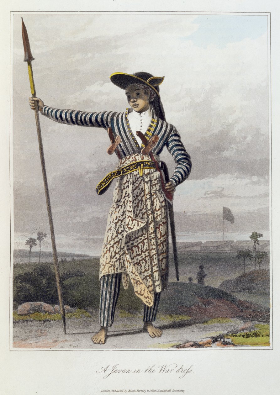 穿着战衣的爪哇人，图5来自托马斯-斯坦福-莱佛士（1781-1826）出版的《爪哇历史》第一卷。1817年（彩色水印）。 作者 威廉·丹尼尔
