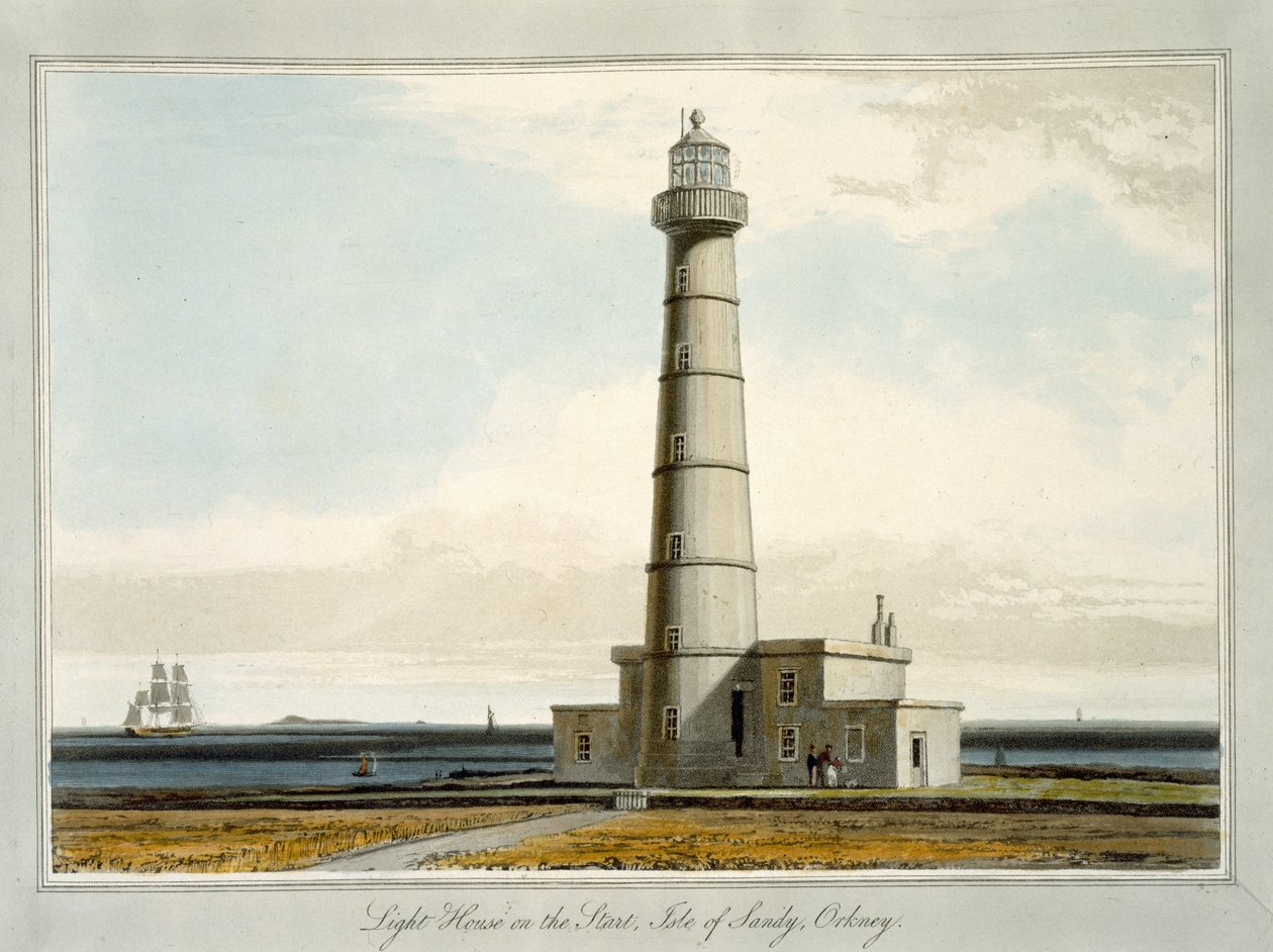 开始时的灯塔，奥克尼郡桑迪岛，1814年至1825年间“英国环球旅行”，1821年出版 作者 威廉·丹尼尔